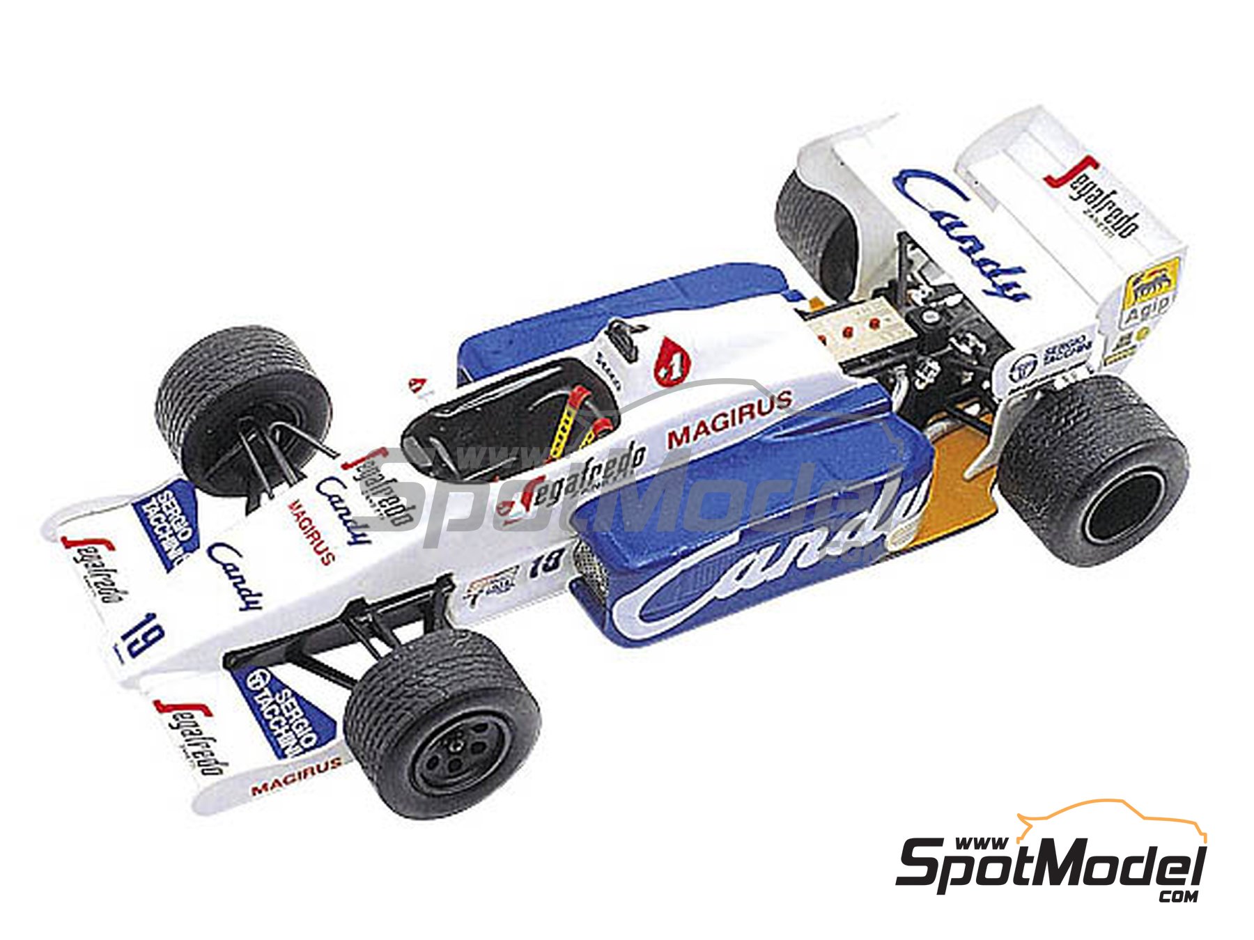 Toleman Hart TG184 Toleman Motorsport Team sponsored by Candy - Monaco  Formula 1 Grand Prix 1984. Car scale model kit in 1/43 scale manufactured  by Ta